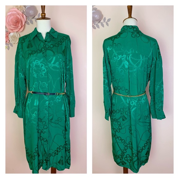 New! KIWE Jaquard Chain Pattern Shirt Dress in Deep Green - Picture 2 of 13